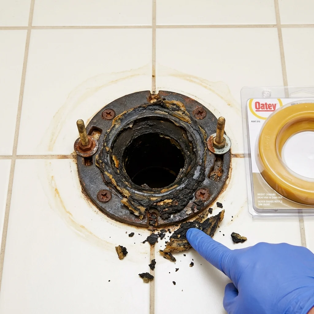 Failed wax ring showing water seepage at the base of a toilet in a White Hall, IL home