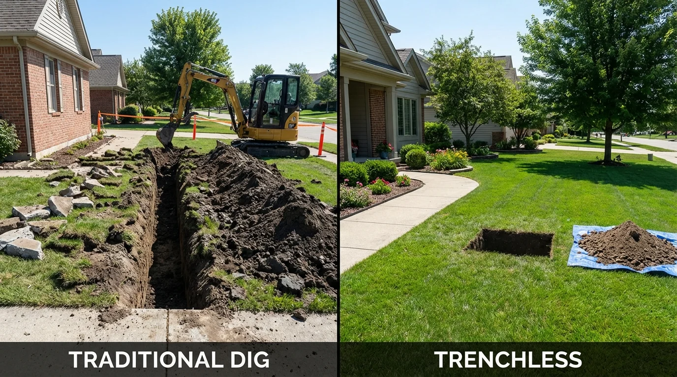 Trenchless sewer repair with minimal yard damage versus traditional excavation in White Hall, IL