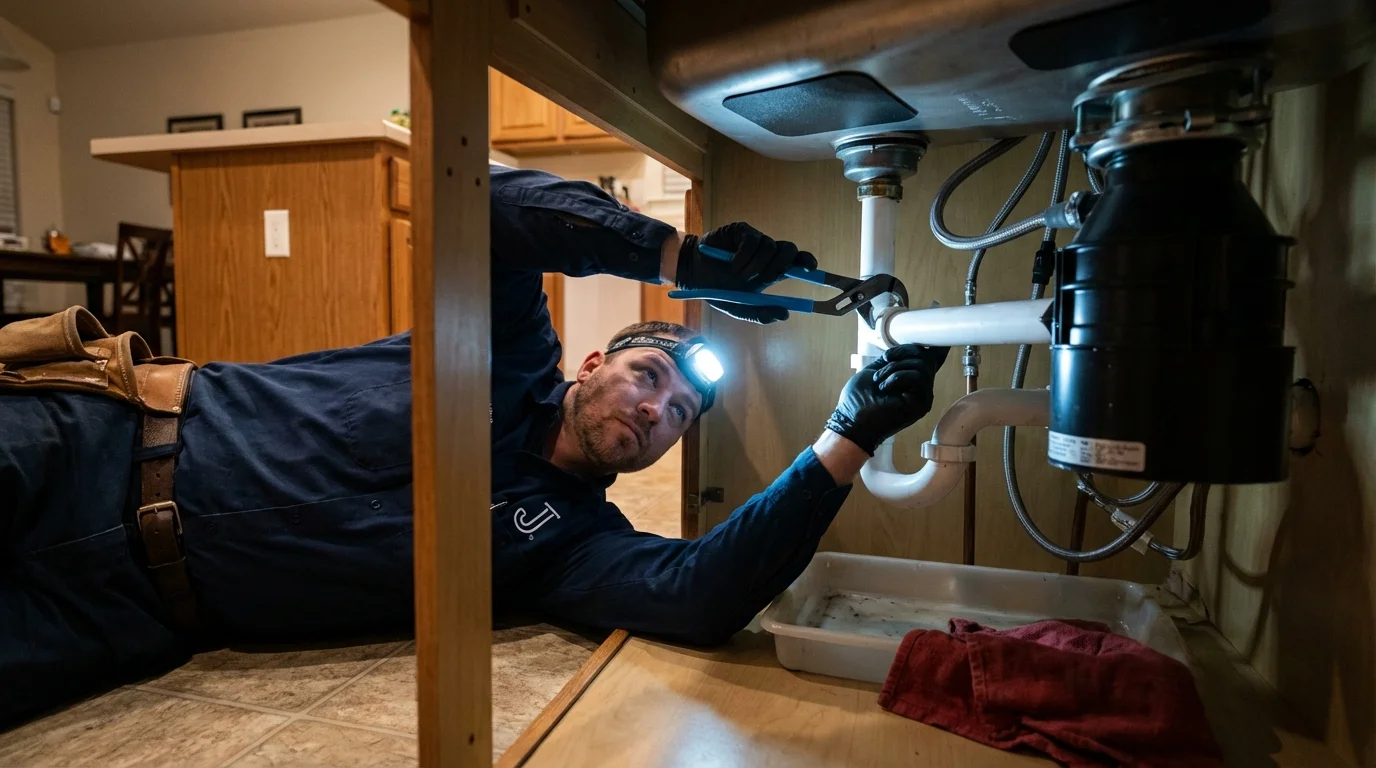 P-trap and supply line connections under a kitchen sink showing a common leak point in White Hall, IL